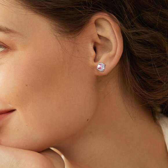 Women's Light Pink Square Simulated Dainty Diamond Halo Sparkling Stud Earring - Picture 4 of 8